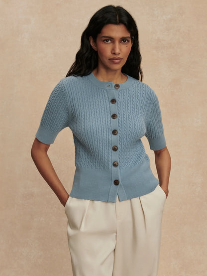 Rhys Short Sleeve Cardigan - Stoney Blue