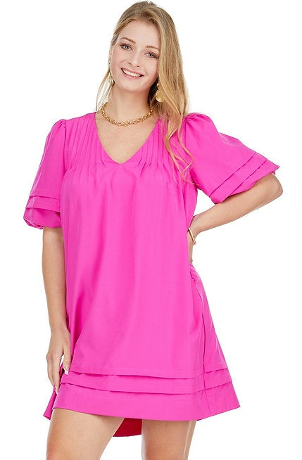 Cerise Puff Sleeve Dress