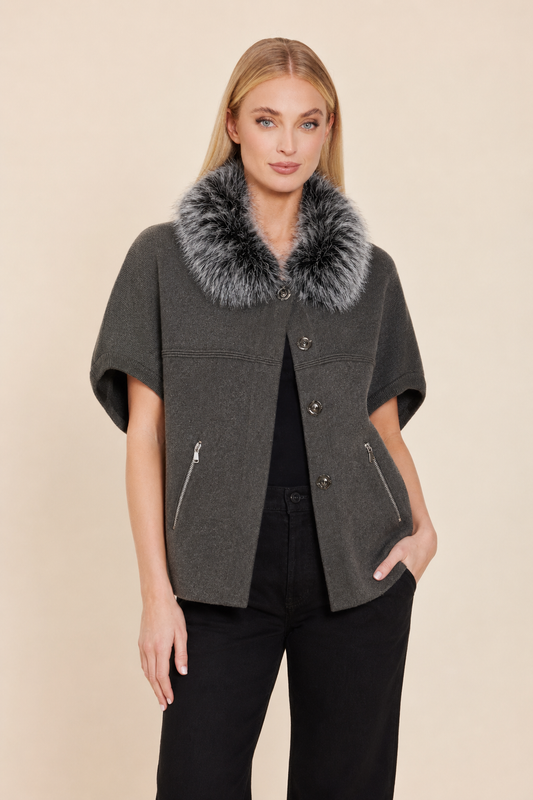 Faux Fur Trimmed Cocoon Cardigan - Charcoal