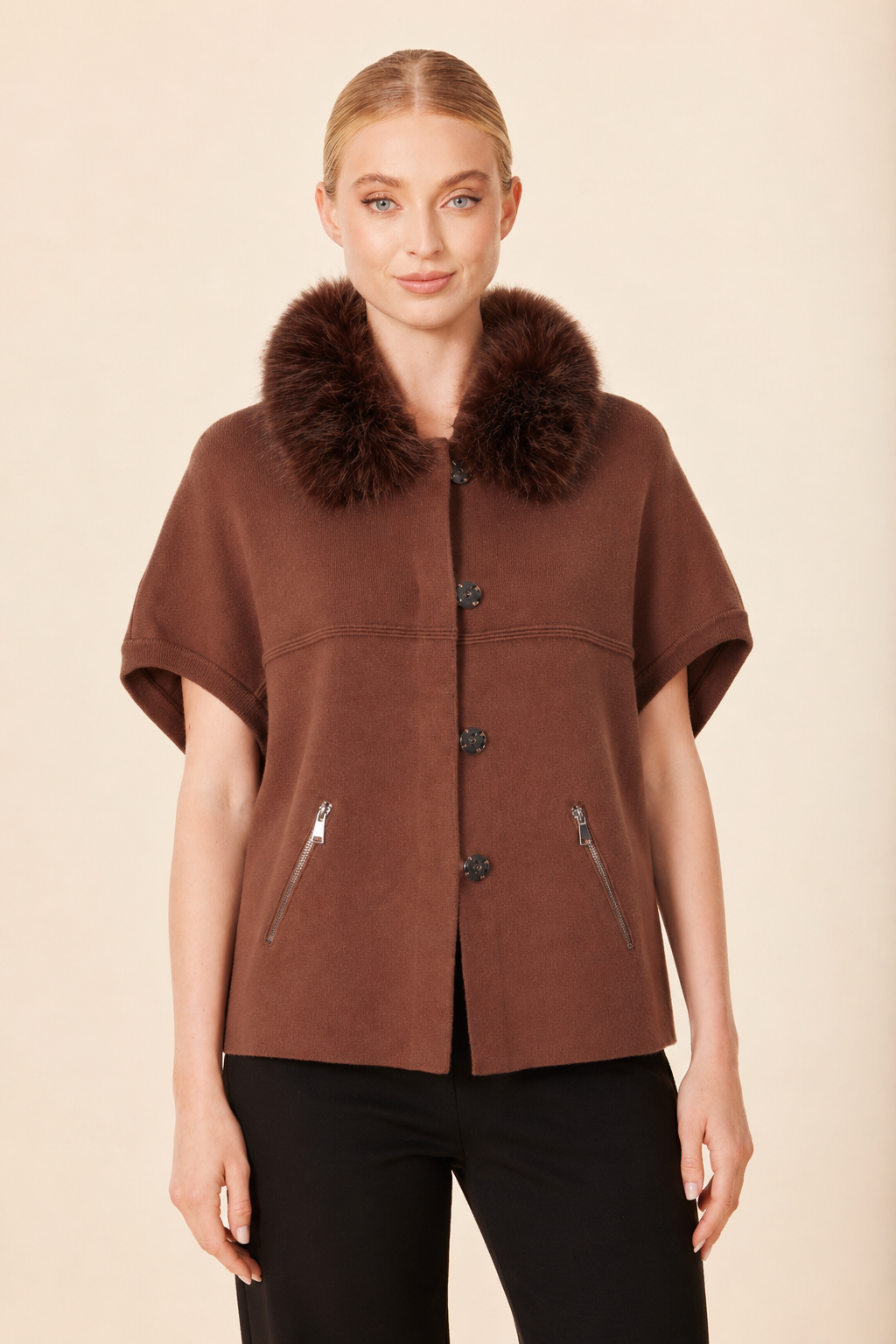 Faux Fur Trimmed Cocoon Cardigan - Pecan
