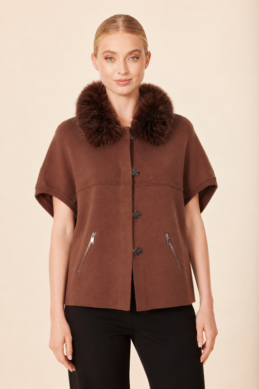 Faux Fur Trimmed Cocoon Cardigan - Pecan