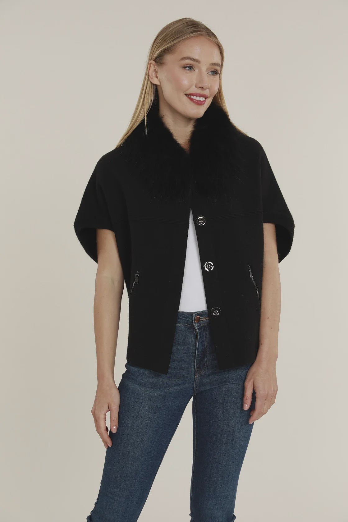 Faux Fur Collar Structured Cardigan - Black