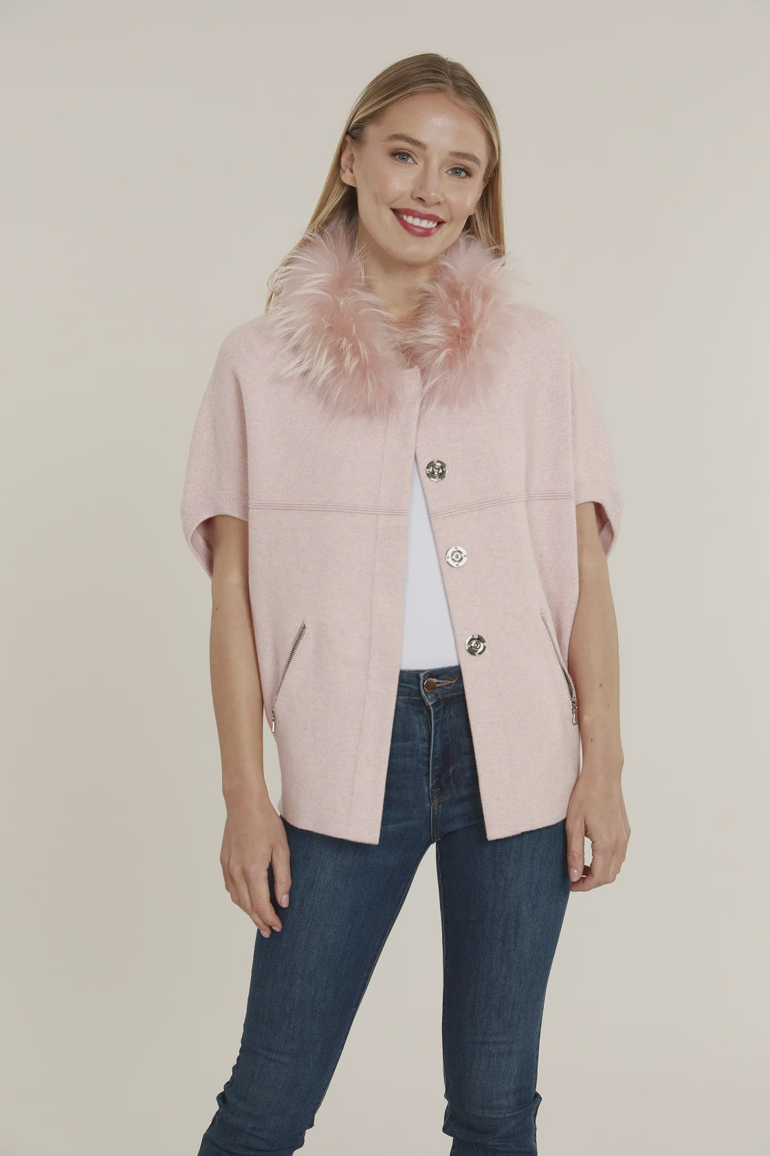 Natural Fur Collar Short Sleeve Cardigan - Blush