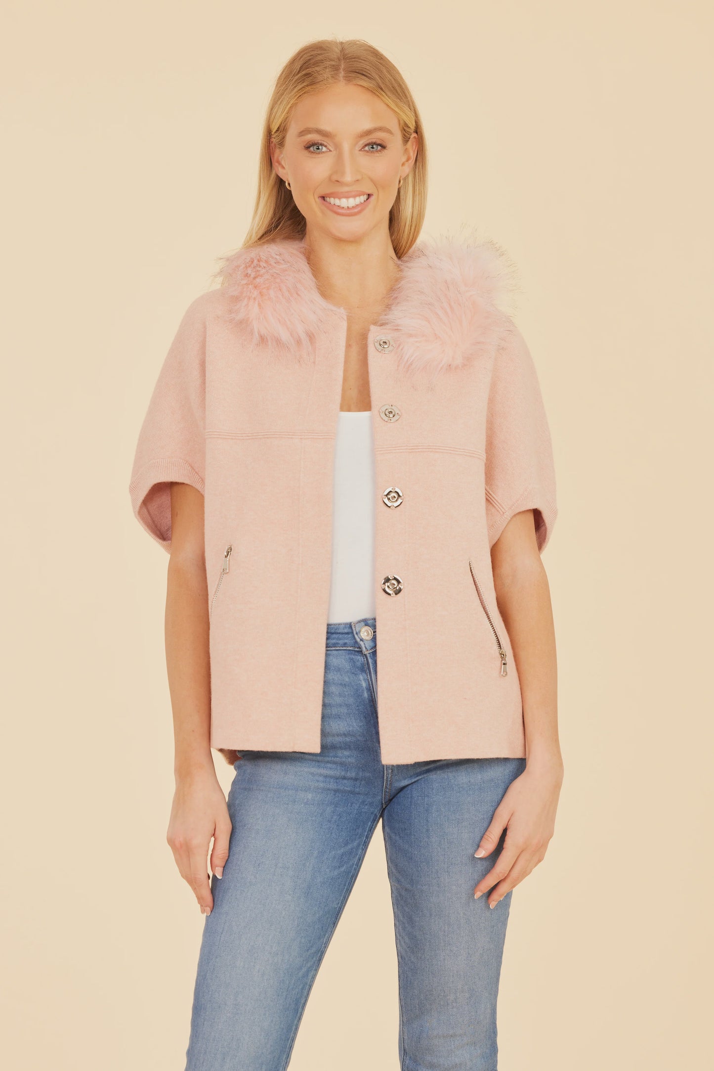 Faux Fur Collar Structured Cardigan - Blush