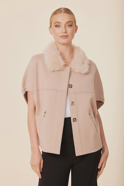 Metallic Faux Fur Trimmed Cocoon Cardigan - Bisque