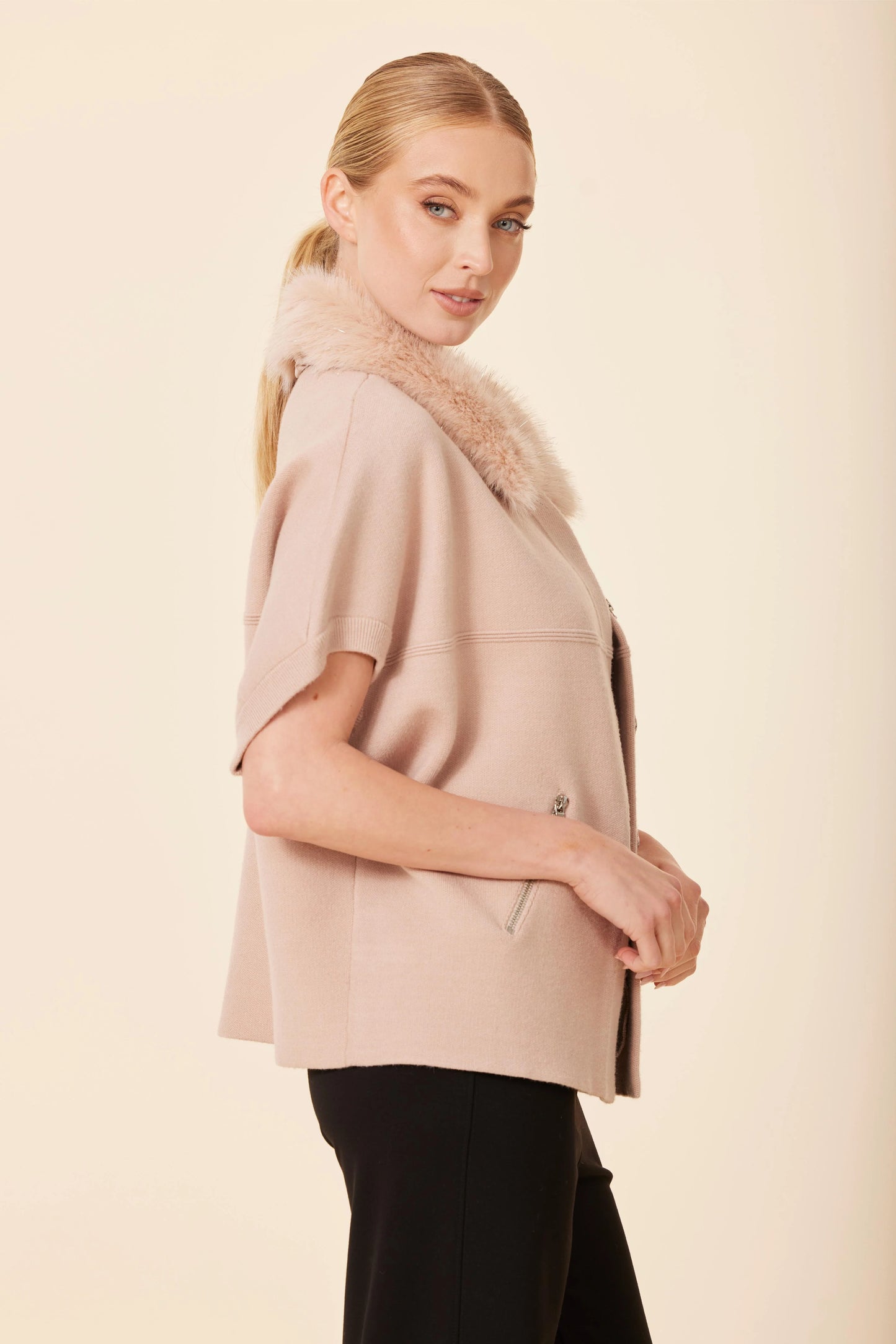 Metallic Faux Fur Trimmed Cocoon Cardigan - Bisque