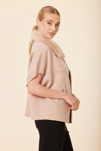 Metallic Faux Fur Trimmed Cocoon Cardigan - Bisque