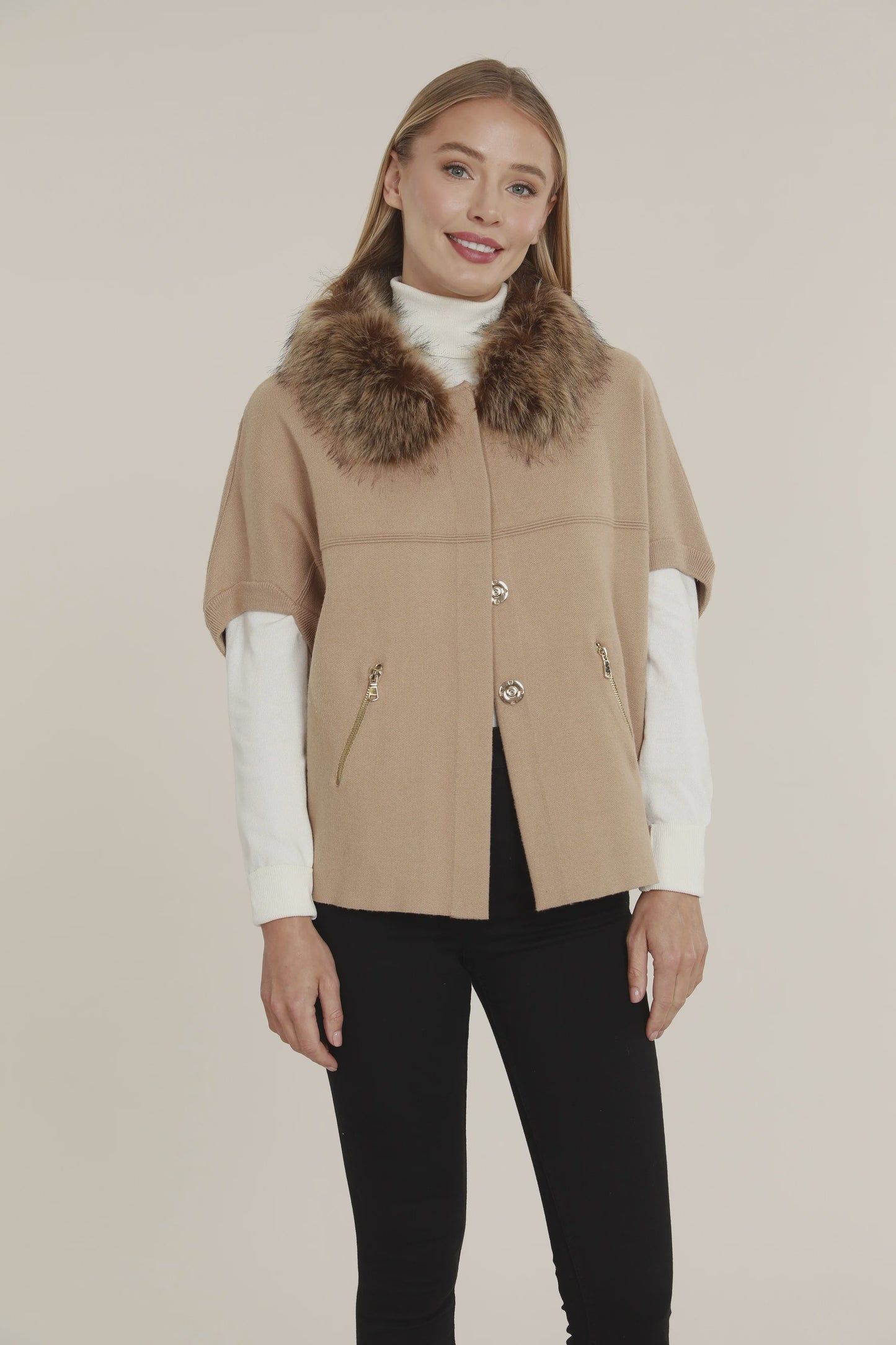 Faux Fur Collar Structured Cardigan - Camel