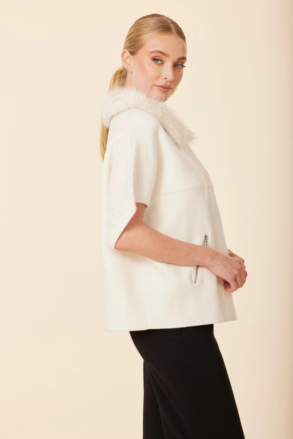 Metallic Faux Fur Trimmed Cocoon Cardigan - Ivory