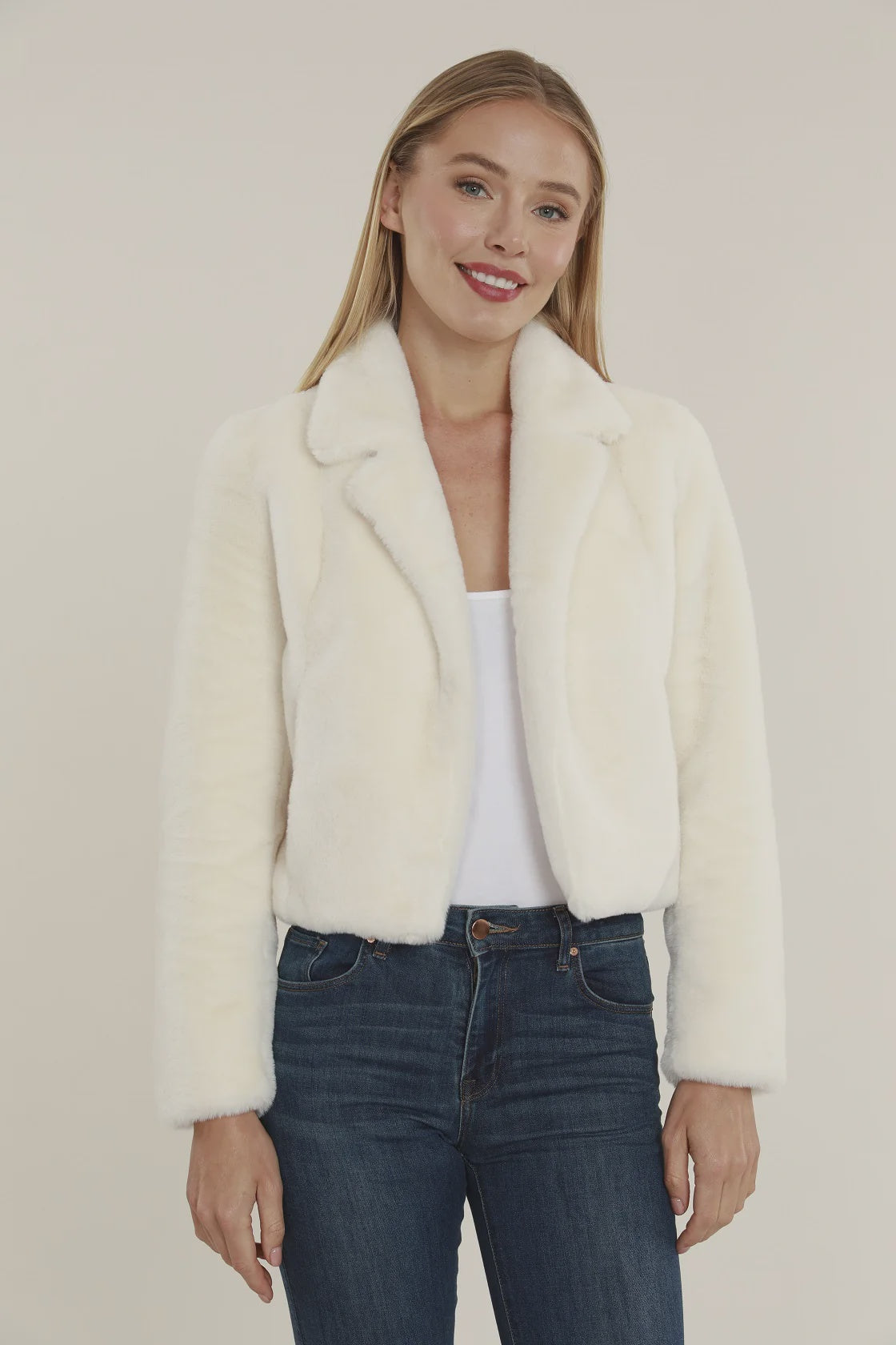 Ivory Plush Faux Fur Notch Collar Jacket