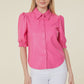 Vegan Leather Elastic Cuff Short Sleeve Top - Hot Pink