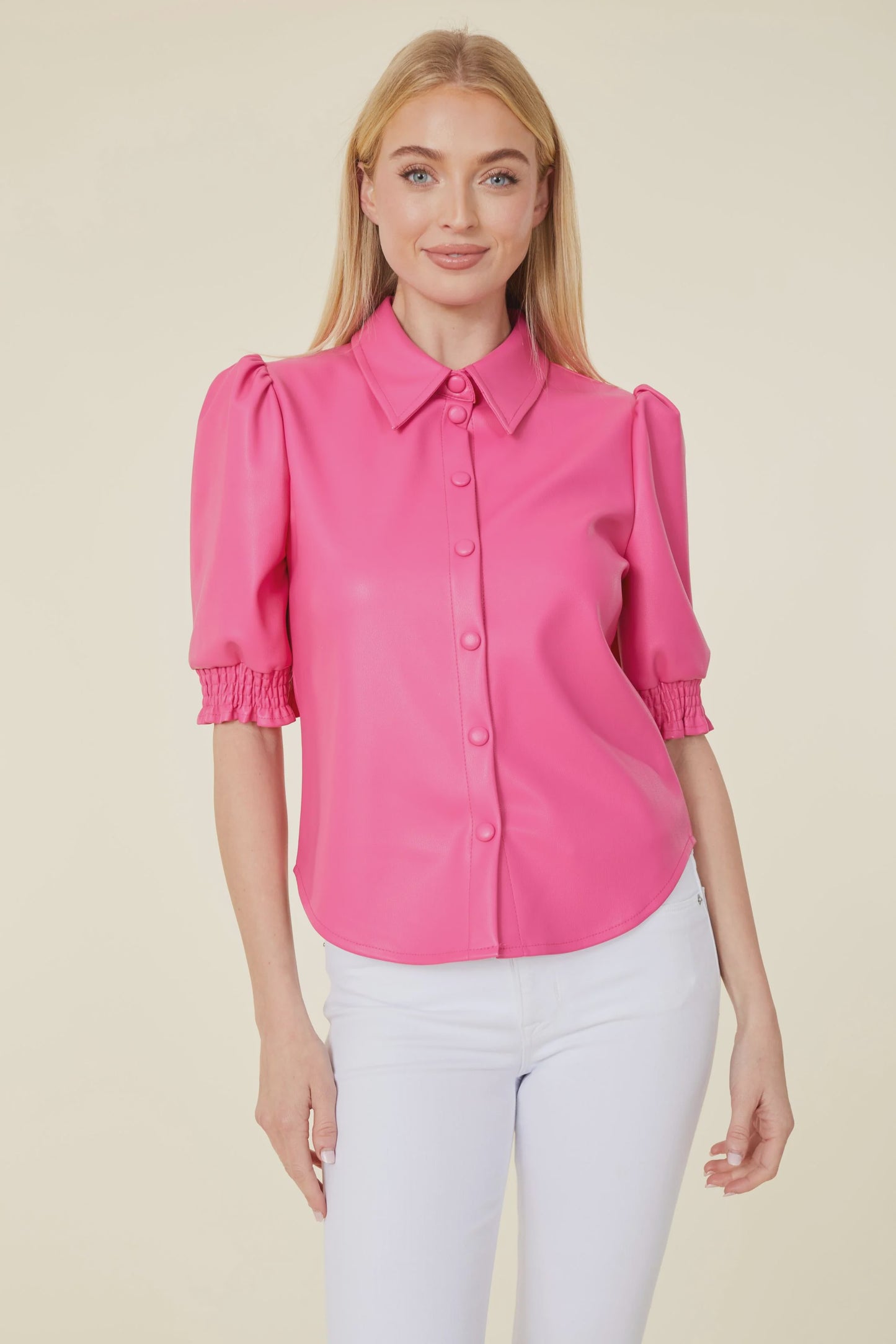 Vegan Leather Elastic Cuff Short Sleeve Top - Hot Pink