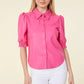 Vegan Leather Elastic Cuff Short Sleeve Top - Hot Pink