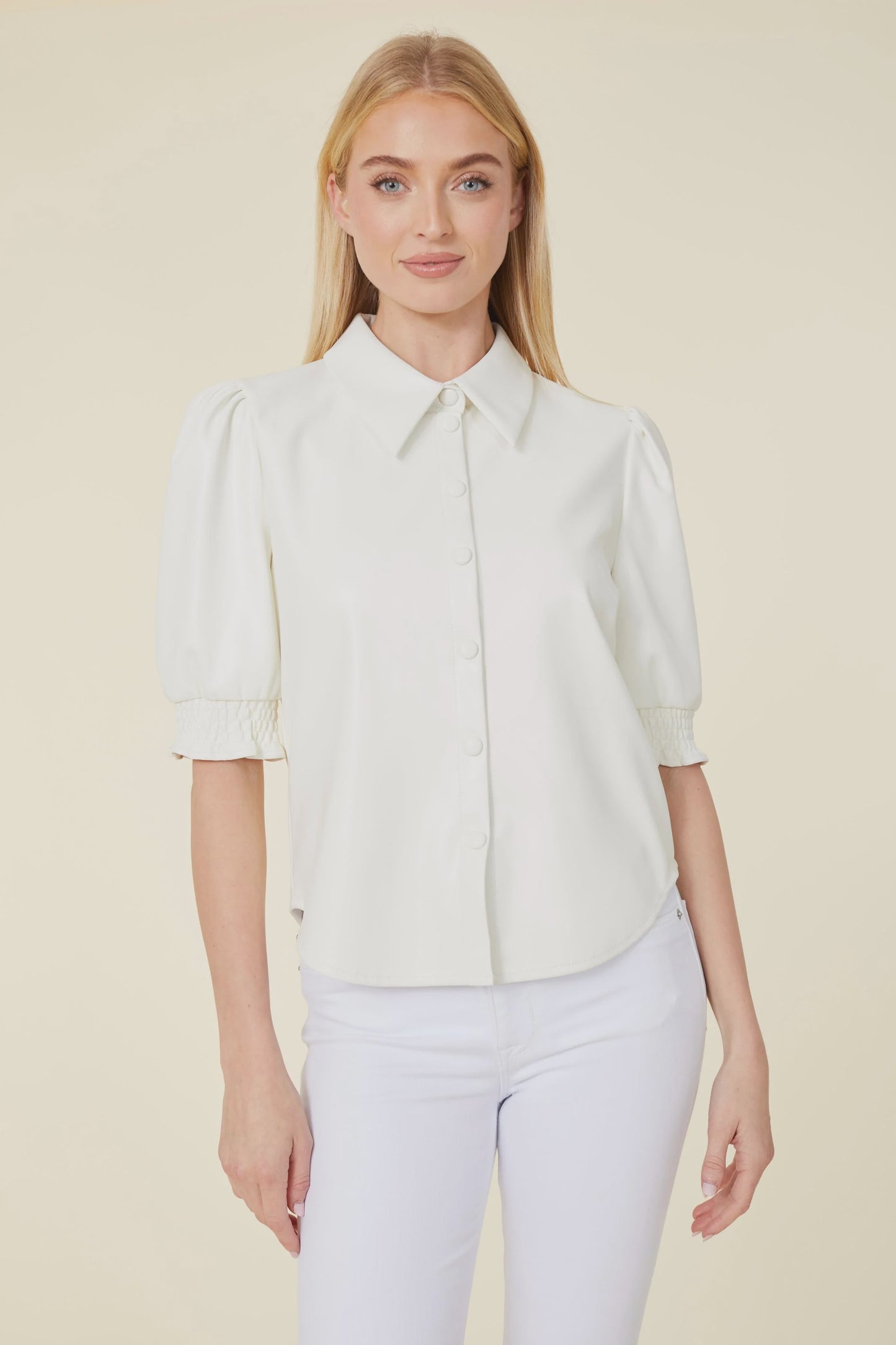 Vegan Leather Elastic Cuff Short Sleeve Top - White