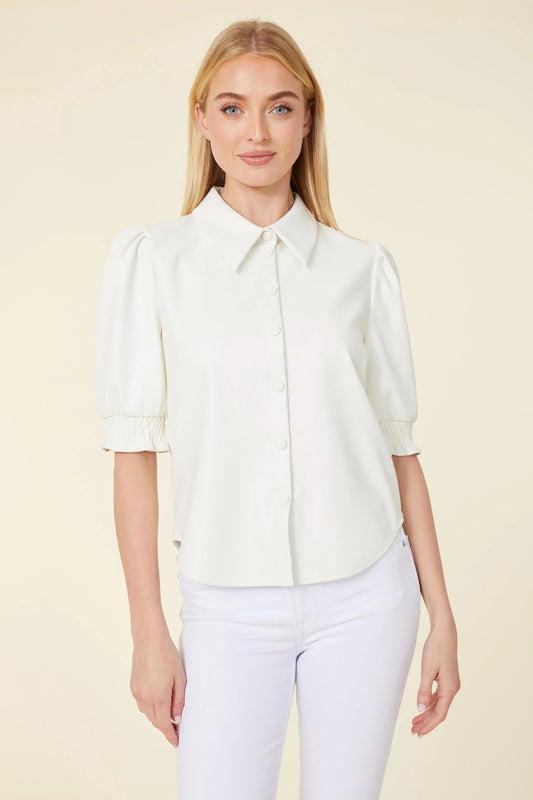 Vegan Leather Elastic Cuff Short Sleeve Top - White