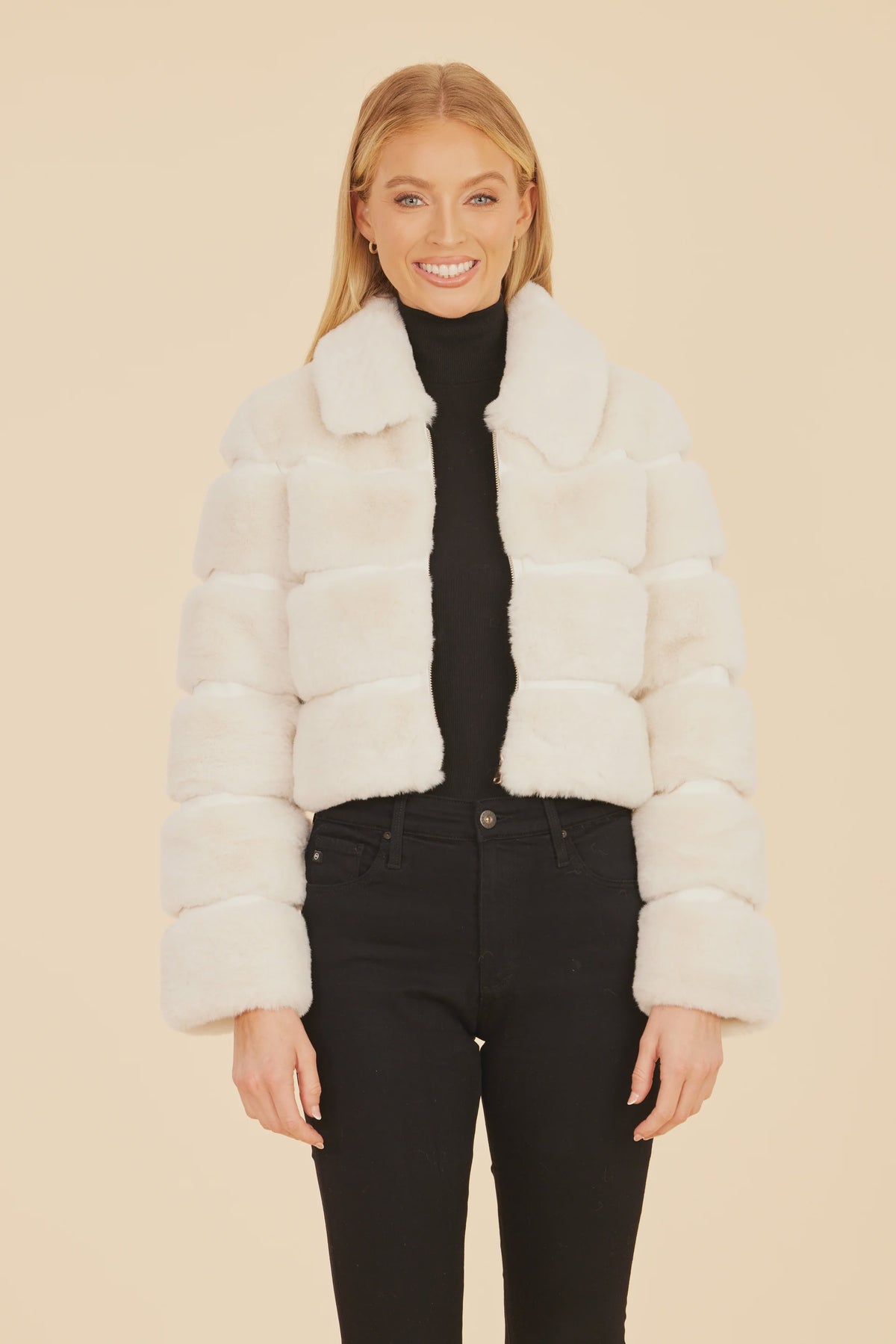 Paneled Faux Fur Vegan Leather Cropped Jacket - Ivory