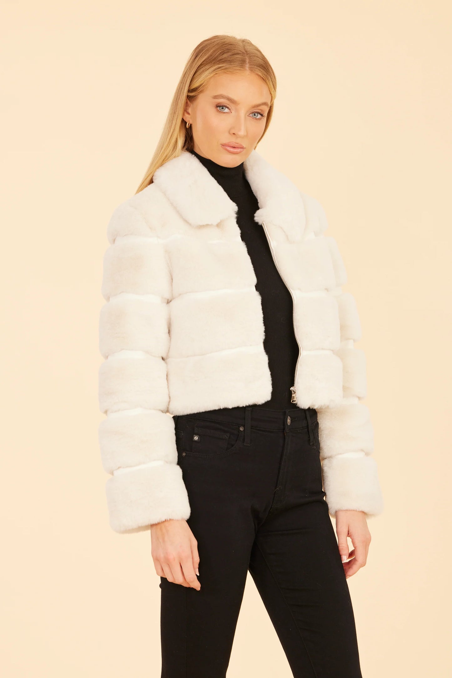 Paneled Faux Fur Vegan Leather Cropped Jacket - Ivory