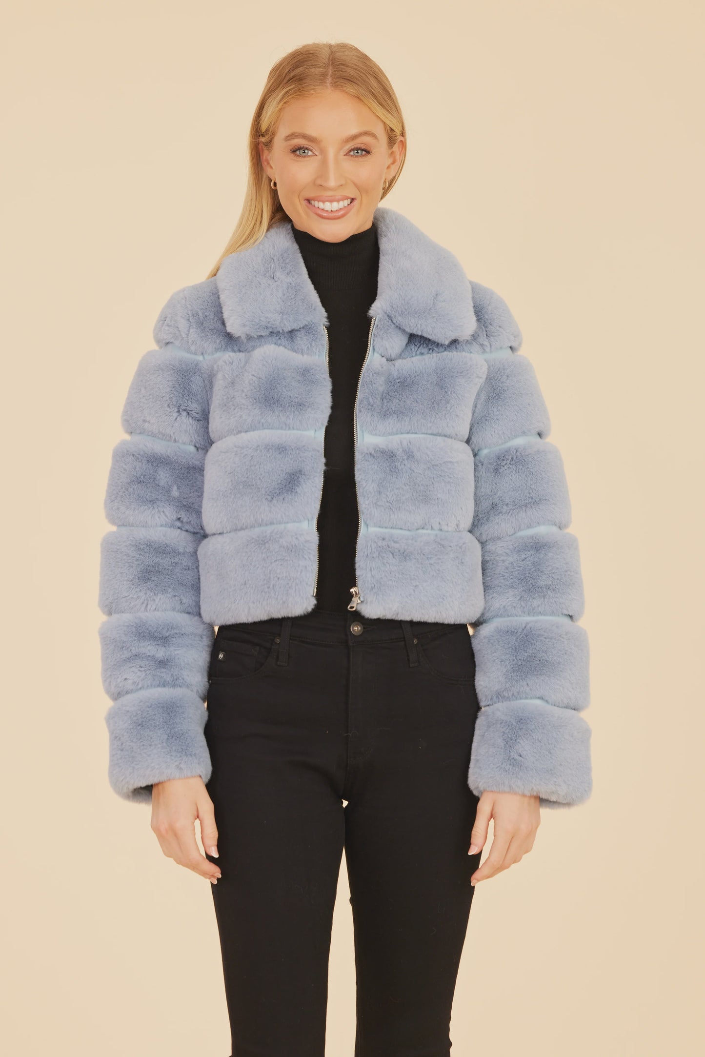 Light Blue Leather Paneled Faux Fur Cropped Jacket