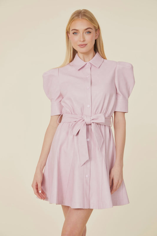 Vegan Leather Puff Sleeve Belted Skate Dress - Orchid