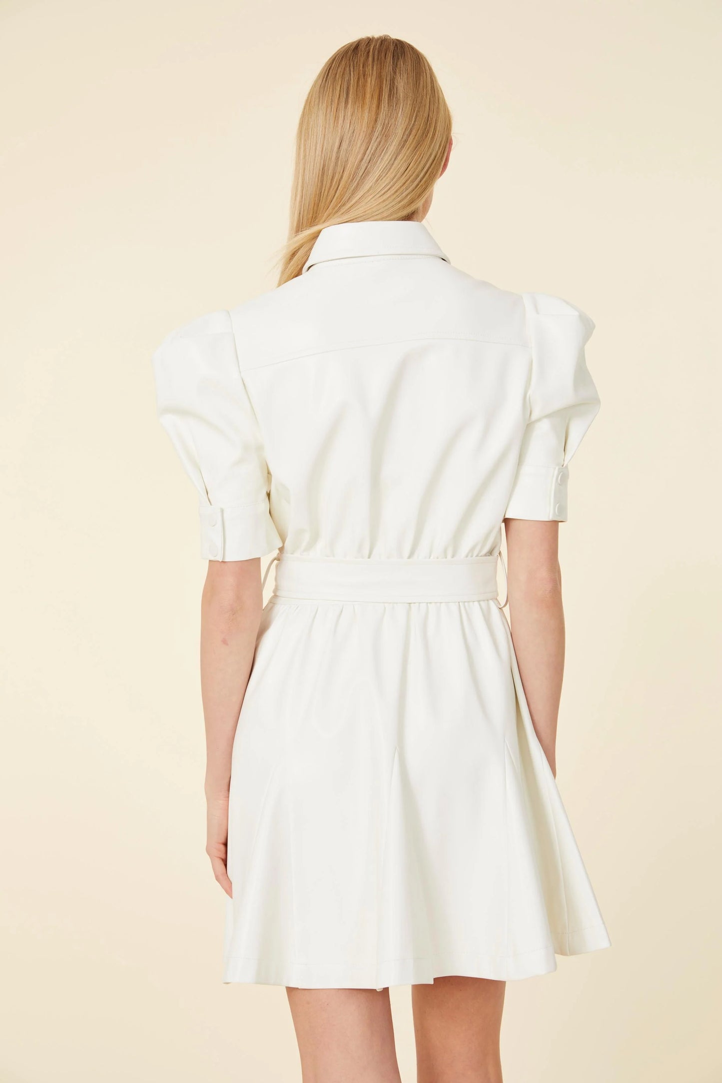 Vegan Leather Puff Sleeve Belted Skate Dress - White