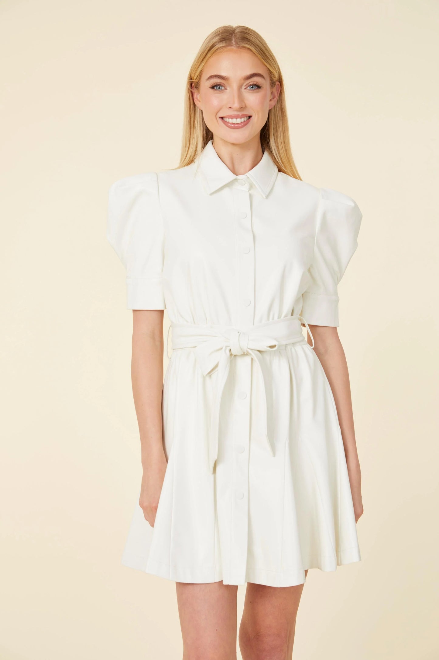 Vegan Leather Puff Sleeve Belted Skate Dress - White