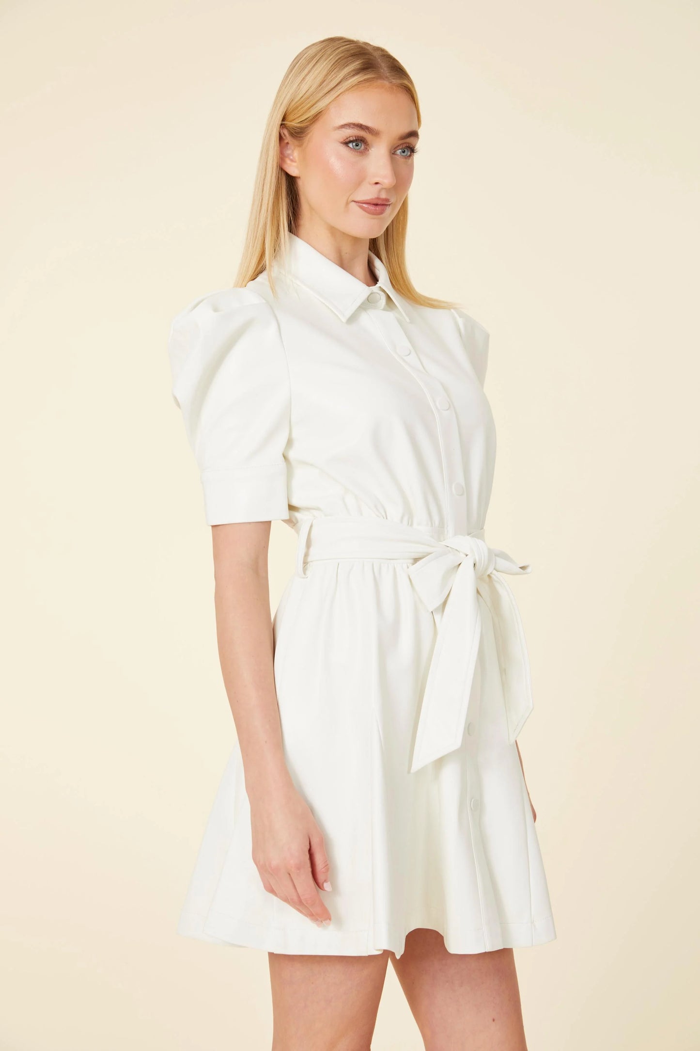 Vegan Leather Puff Sleeve Belted Skate Dress - White