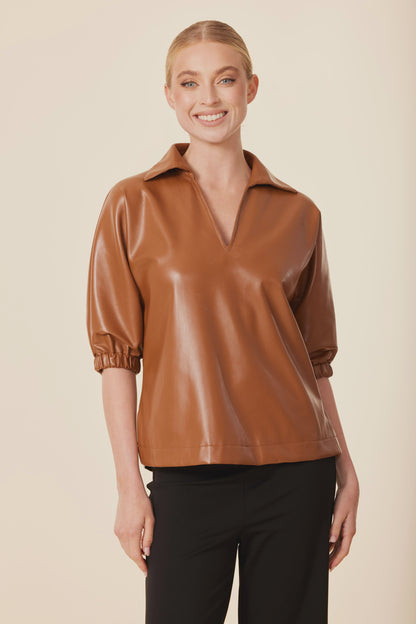 Vegan Leather V Neck Short Sleeve Top - Saddle
