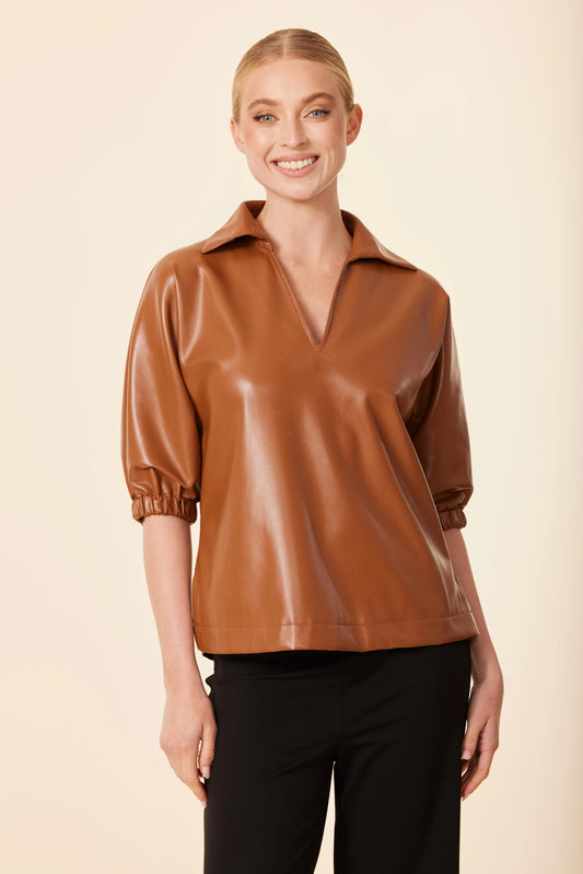 Vegan Leather V Neck Short Sleeve Top - Saddle