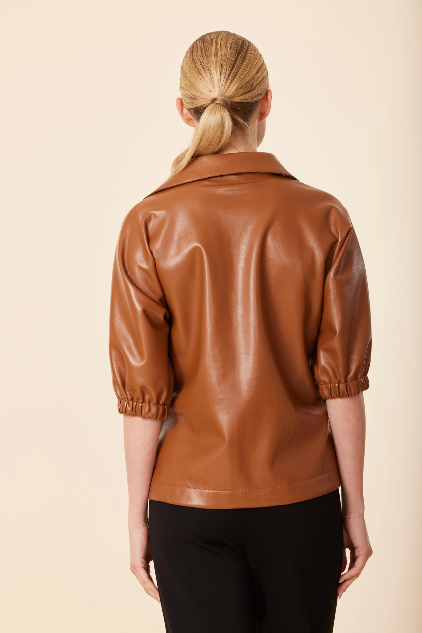 Vegan Leather V Neck Short Sleeve Top - Saddle