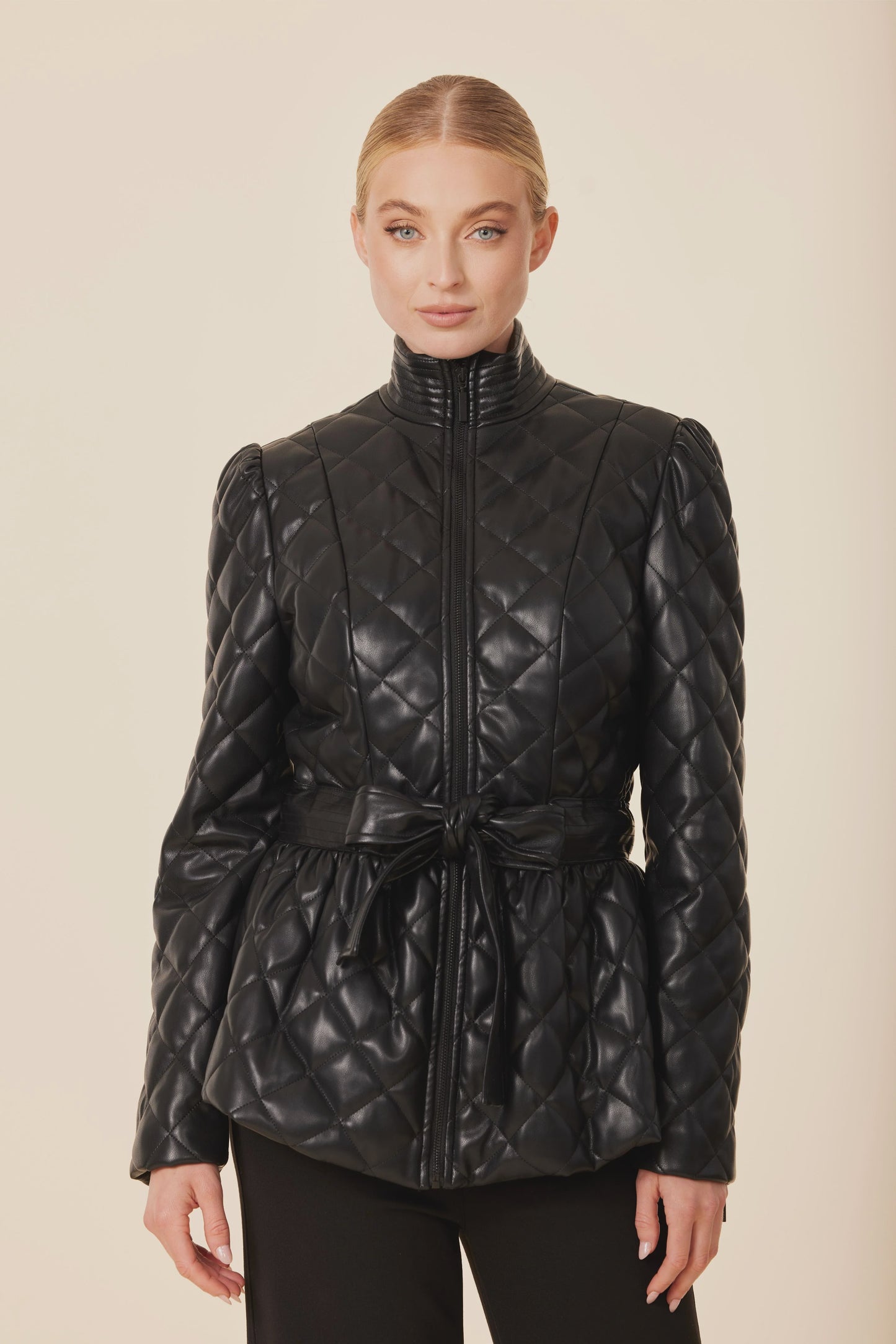 Faux Leather Quilted Peplum Jacket