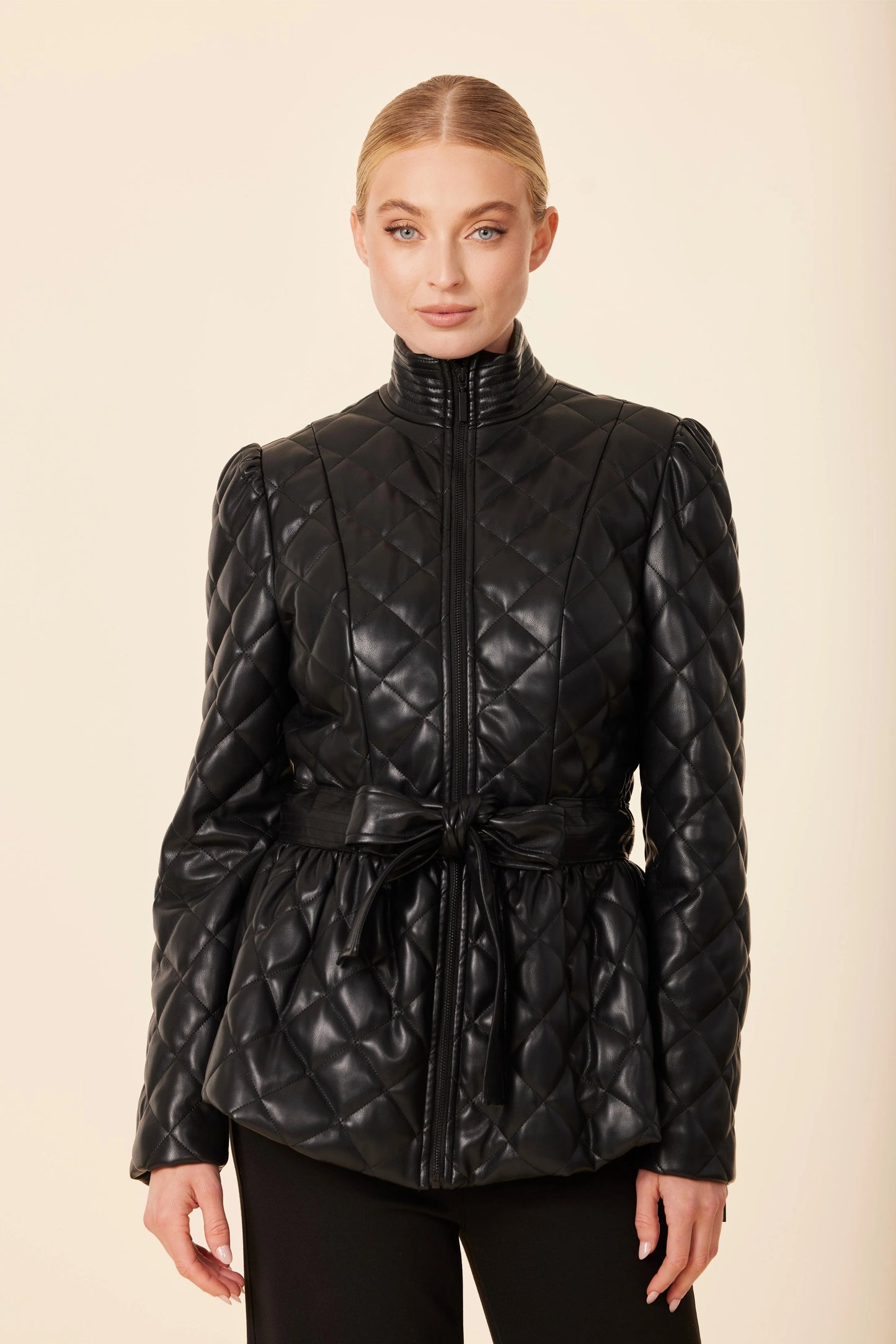 Faux Leather Quilted Peplum Jacket