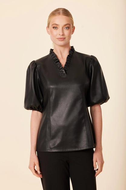 Vegan Leather Ruffle Neck Top - Black