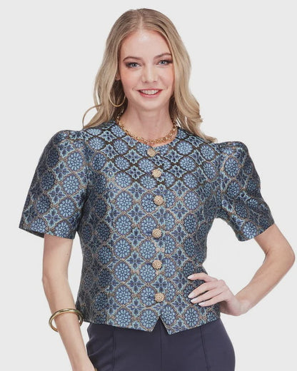 Trellis Brocade Button Top