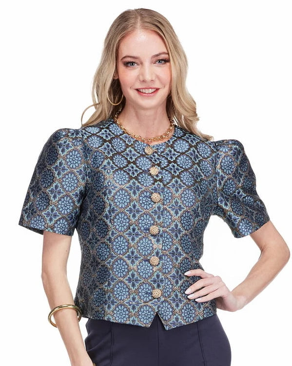Trellis Brocade Button Top