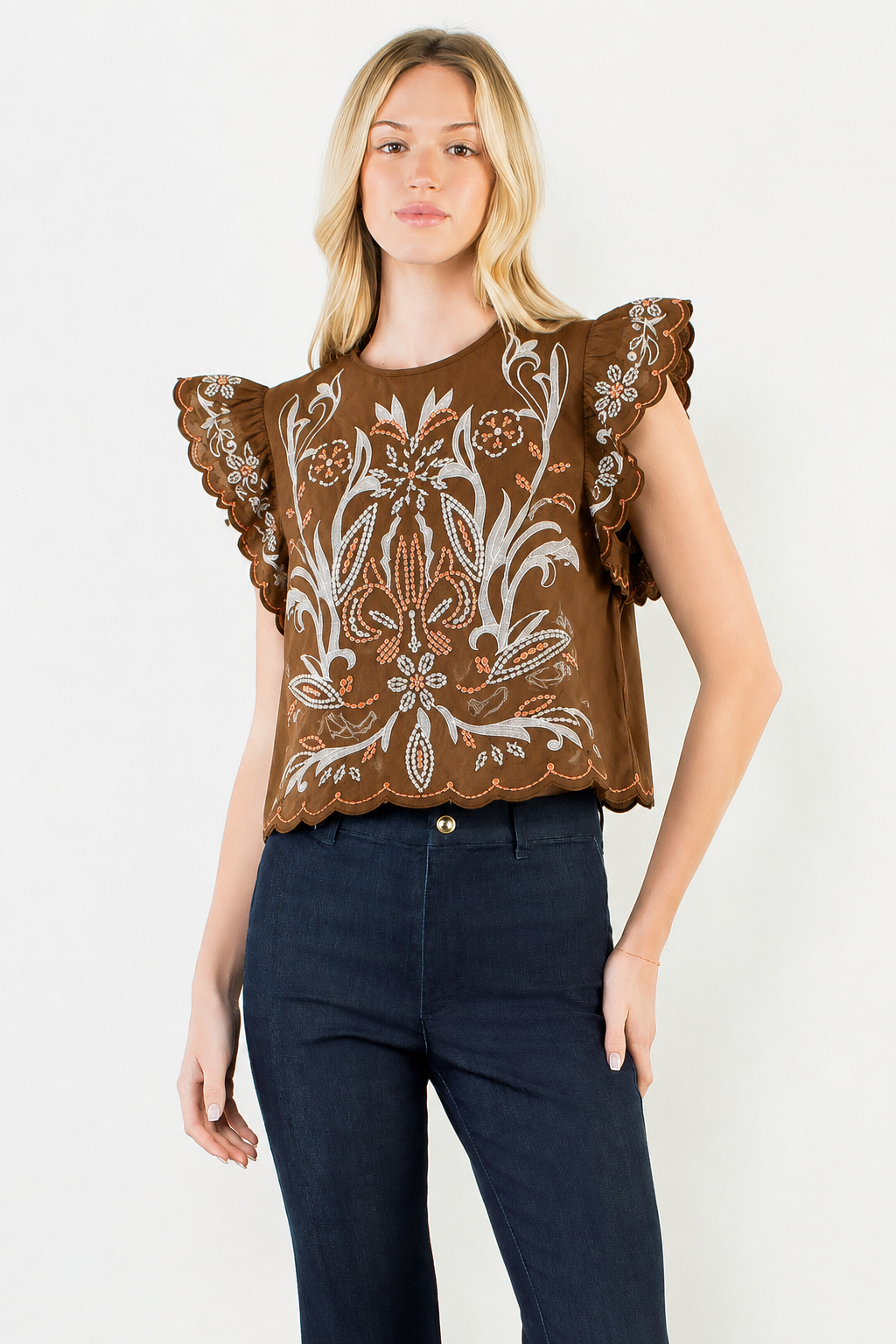 Bradley Embroidered Top - Brown Suede