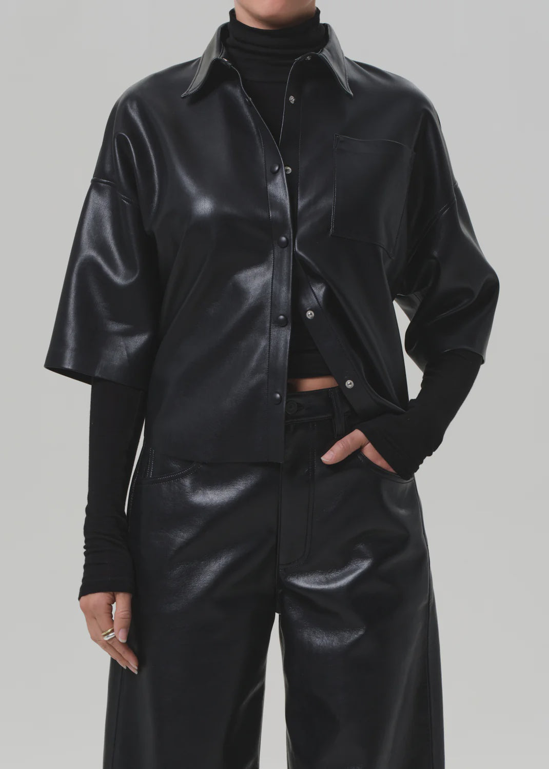 Frances Cropped Cape Button Up in Black