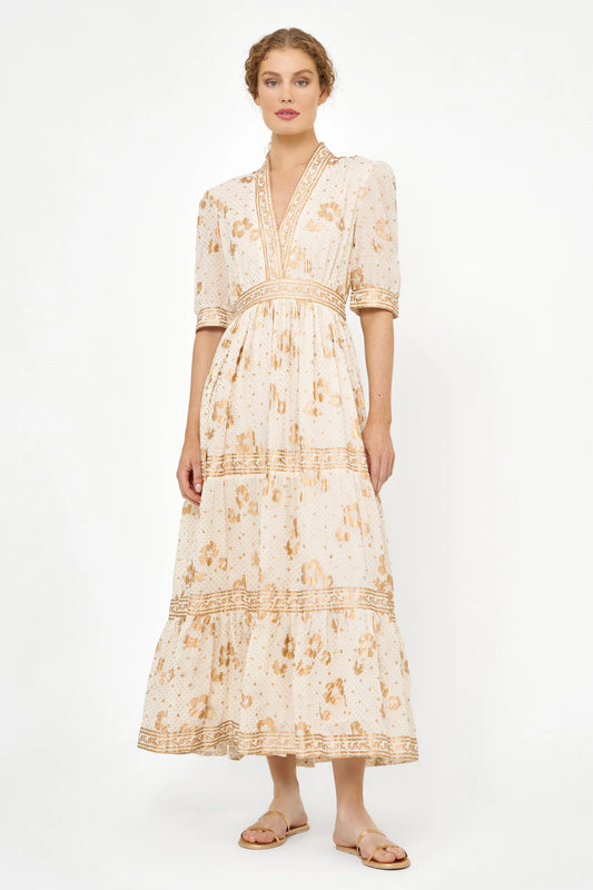 Cuffed V-neck Maxi - Carlin Cream Gold