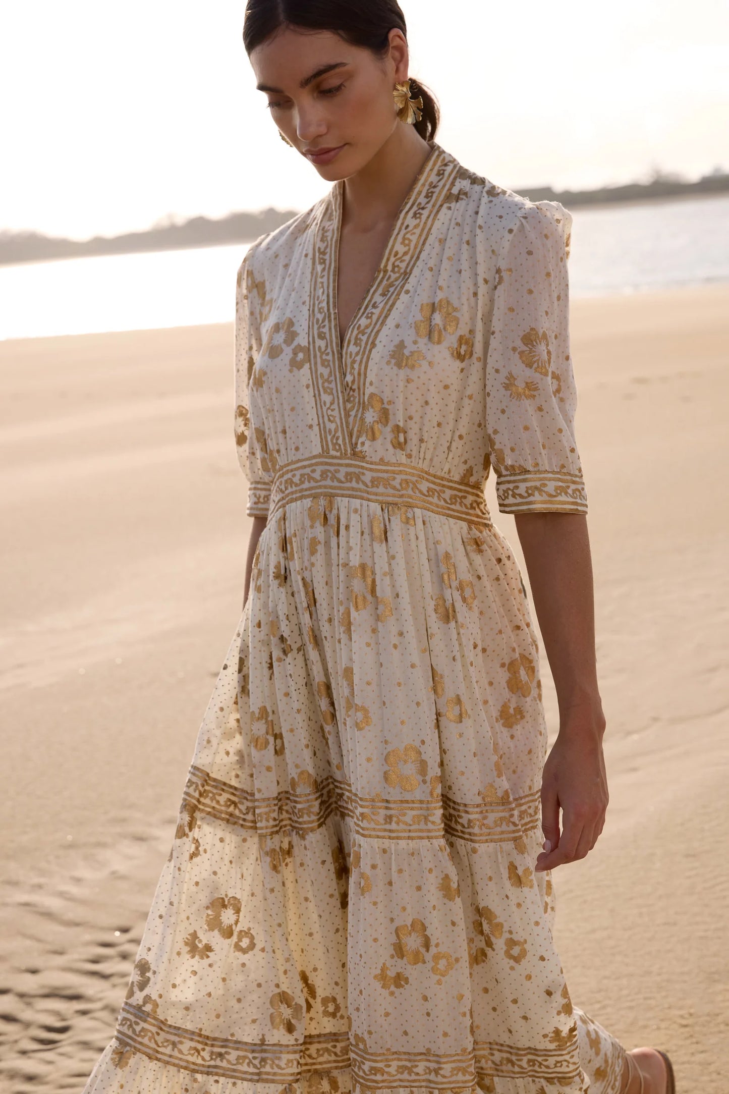 Cuffed V-neck Maxi - Carlin Cream Gold