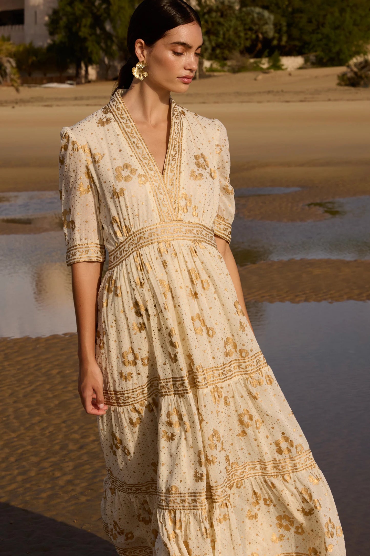 Cuffed V-neck Maxi - Carlin Cream Gold