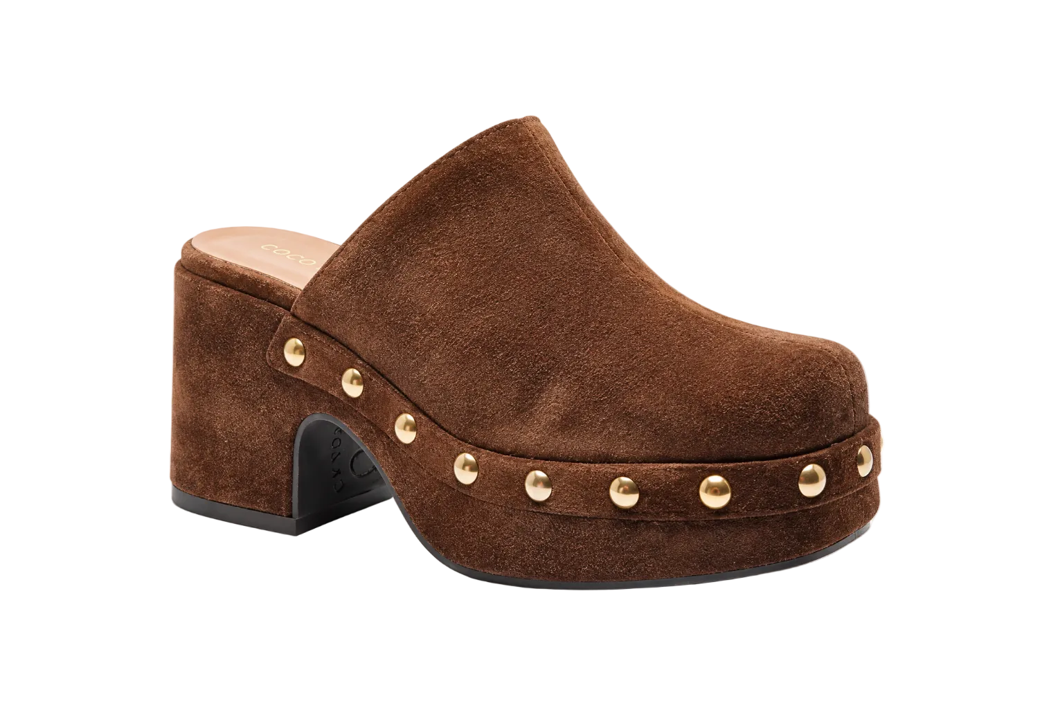 A brown suede clog shoe with gold-tone metal studs along the side and a chunky block heel, shown on a white background.