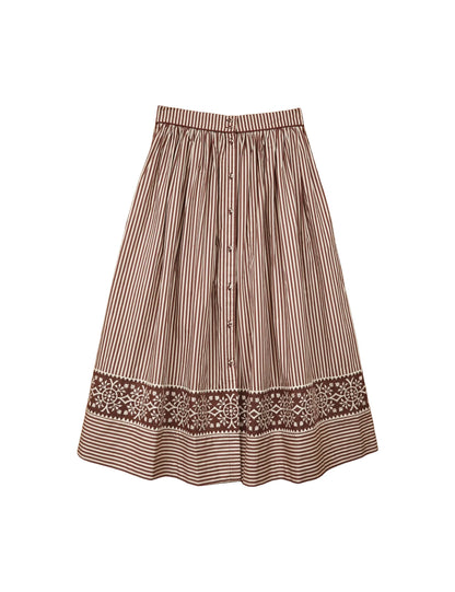 Colette Midi Skirt - Brown Stripe Embroidered