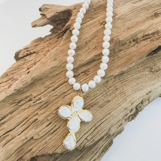 Jumbo Freshwater Pearl Cross Necklace