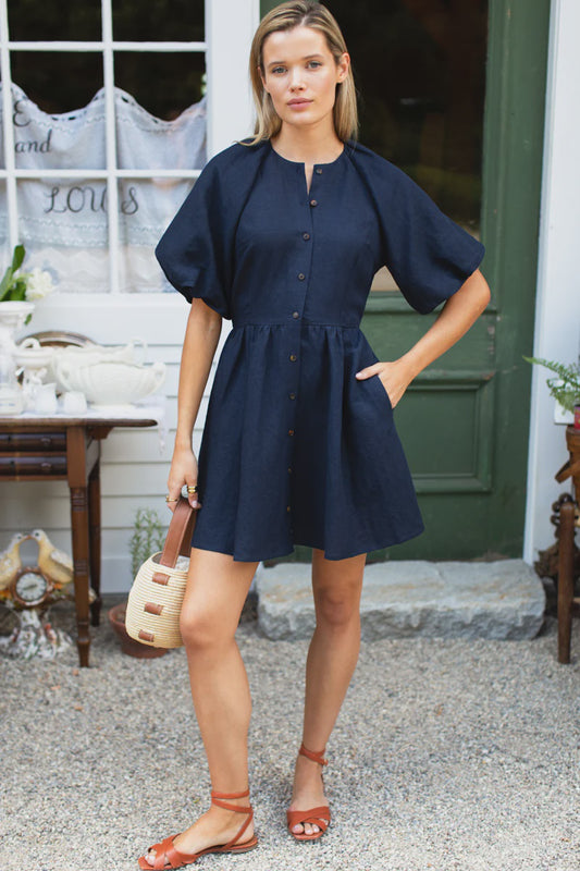 Bastille Short Dress - Midnight Linen