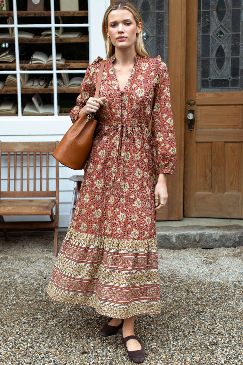 Frances 4 V Dress - Vintage Floral Stripe Terracotta