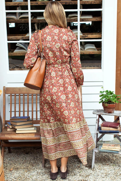 Frances 4 V Dress - Vintage Floral Stripe Terracotta