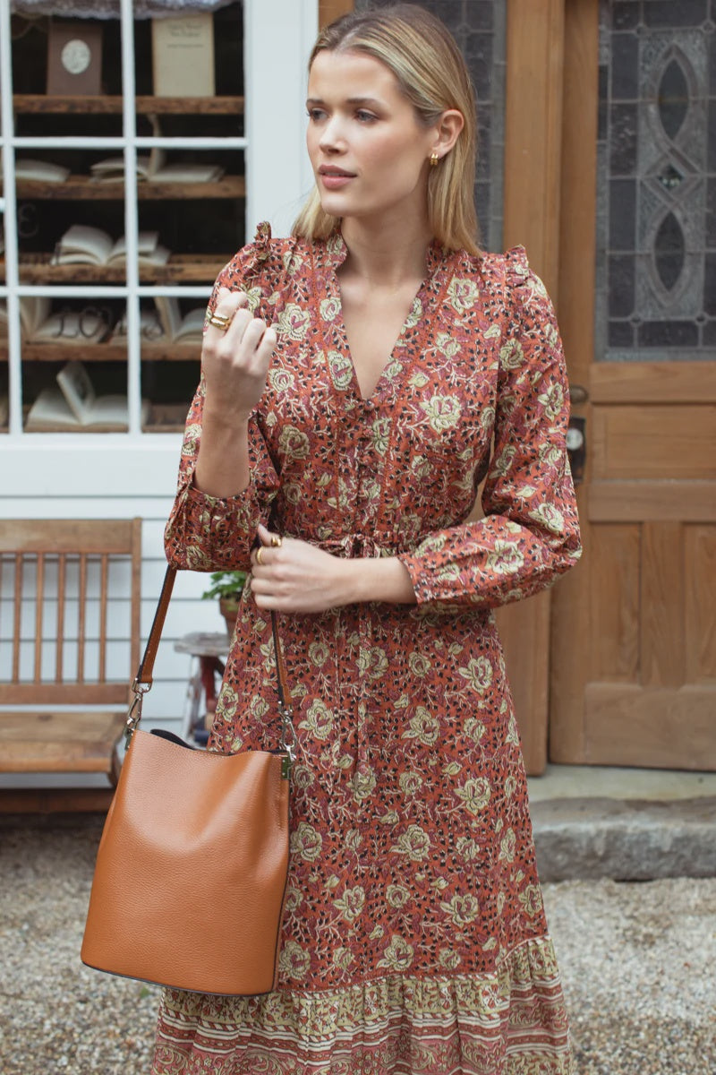 Frances 4 V Dress - Vintage Floral Stripe Terracotta
