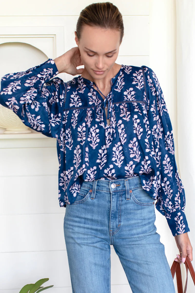 Isla Longsleeve Top - Pressed Flowers Blue