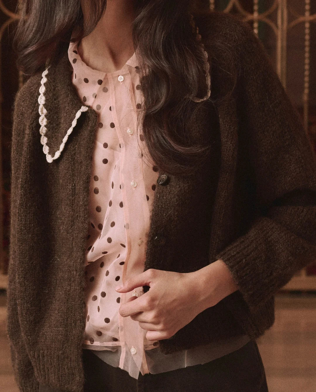 Crochet Collar Cardigan-Chocolate