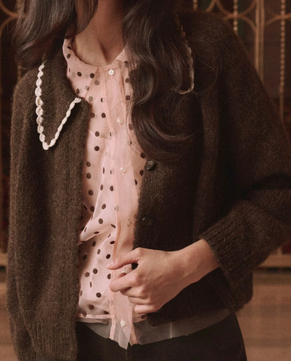 Crochet Collar Cardigan-Chocolate