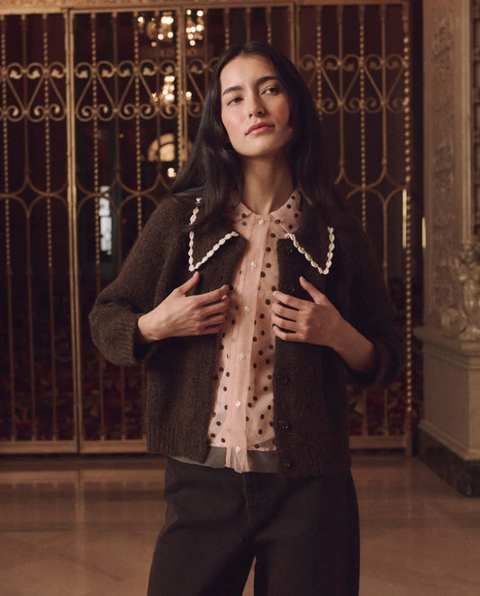 Crochet Collar Cardigan-Chocolate